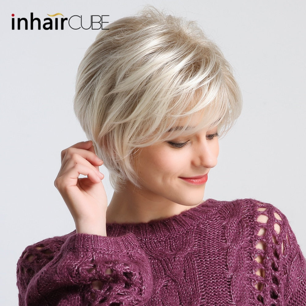 Inhair Cube Short Straight Synthetic Hair Wig 10"with Natural Bangs Pixie Cut with Highlights For Women Fluffy Free Shipping