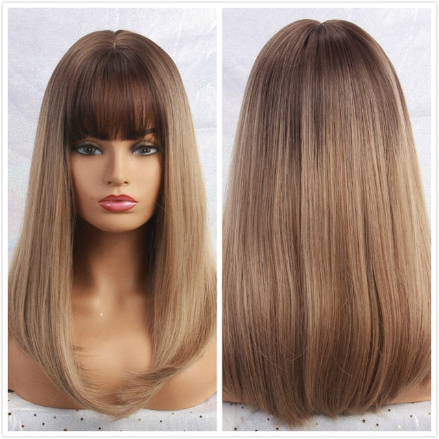 ALAN EATON Long Ombre Brown Blonde Wigs with Bangs Cosplay Synthetic for Black Women Afro Straight Natural Party False Hair Wigs