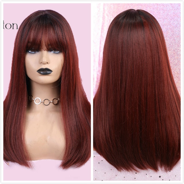 ALAN EATON Long Ombre Brown Blonde Wigs with Bangs Cosplay Synthetic for Black Women Afro Straight Natural Party False Hair Wigs