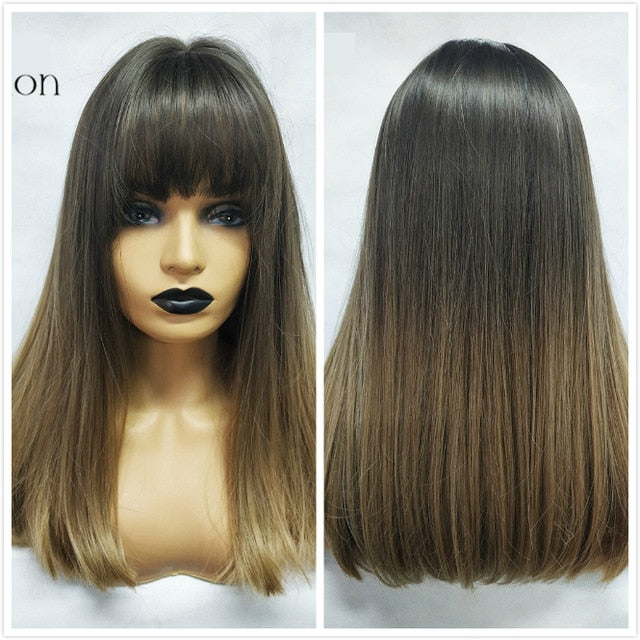 ALAN EATON Long Ombre Brown Blonde Wigs with Bangs Cosplay Synthetic for Black Women Afro Straight Natural Party False Hair Wigs