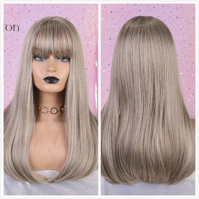 ALAN EATON Long Ombre Brown Blonde Wigs with Bangs Cosplay Synthetic for Black Women Afro Straight Natural Party False Hair Wigs