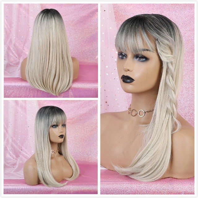 ALAN EATON Long Ombre Brown Blonde Wigs with Bangs Cosplay Synthetic for Black Women Afro Straight Natural Party False Hair Wigs