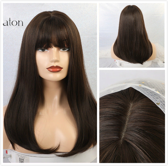 ALAN EATON Long Ombre Brown Blonde Wigs with Bangs Cosplay Synthetic for Black Women Afro Straight Natural Party False Hair Wigs