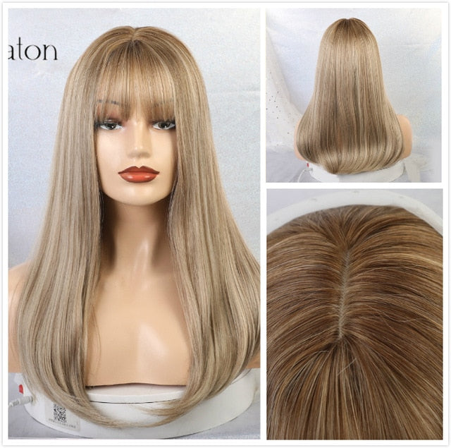 ALAN EATON Long Ombre Brown Blonde Wigs with Bangs Cosplay Synthetic for Black Women Afro Straight Natural Party False Hair Wigs