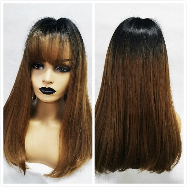 ALAN EATON Long Ombre Brown Blonde Wigs with Bangs Cosplay Synthetic for Black Women Afro Straight Natural Party False Hair Wigs