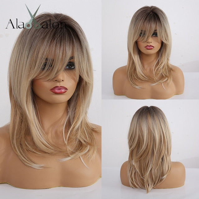 ALAN EATON Long Ombre Brown Blonde Wigs with Bangs Cosplay Synthetic for Black Women Afro Straight Natural Party False Hair Wigs
