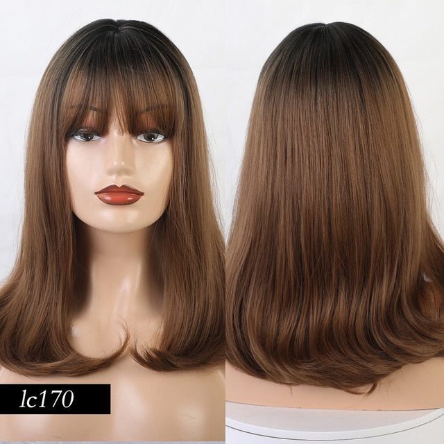 Element 18" Long Synthetic Wig with Bangs Dark Root Ombre Color Natural Headline Heat Resistant Hair Wigs for Women